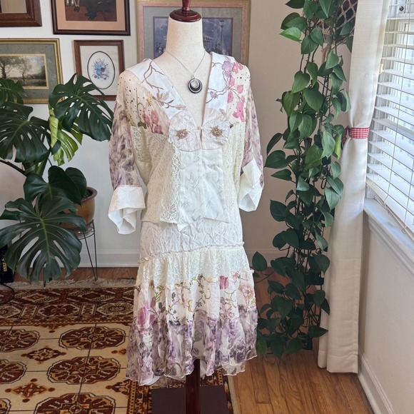 Signature Collection Dresses & Skirts - Boho Fairy 3 Piece Set Floral Lace Patchwork Beaded Romantic Cream Purple